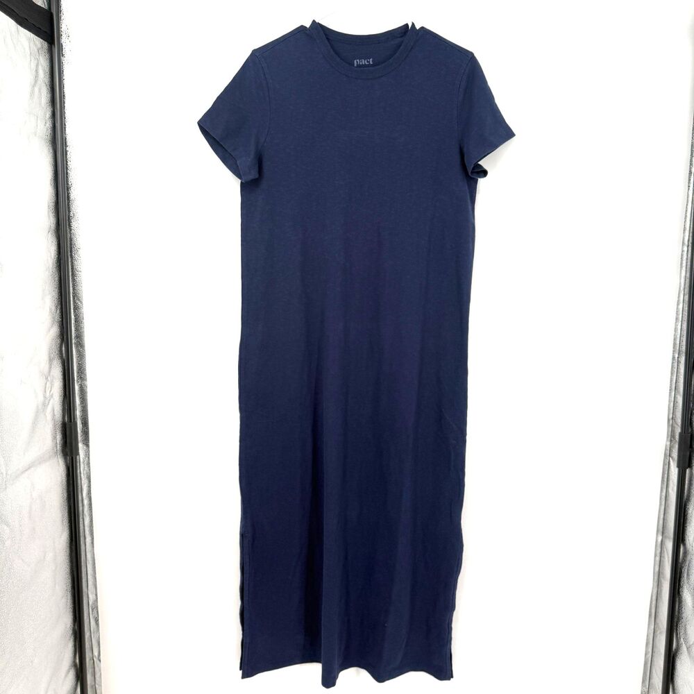 Pact Crew Neck Short Sleeve T Shirt Dress Organic Cotton Navy Blue Size Small